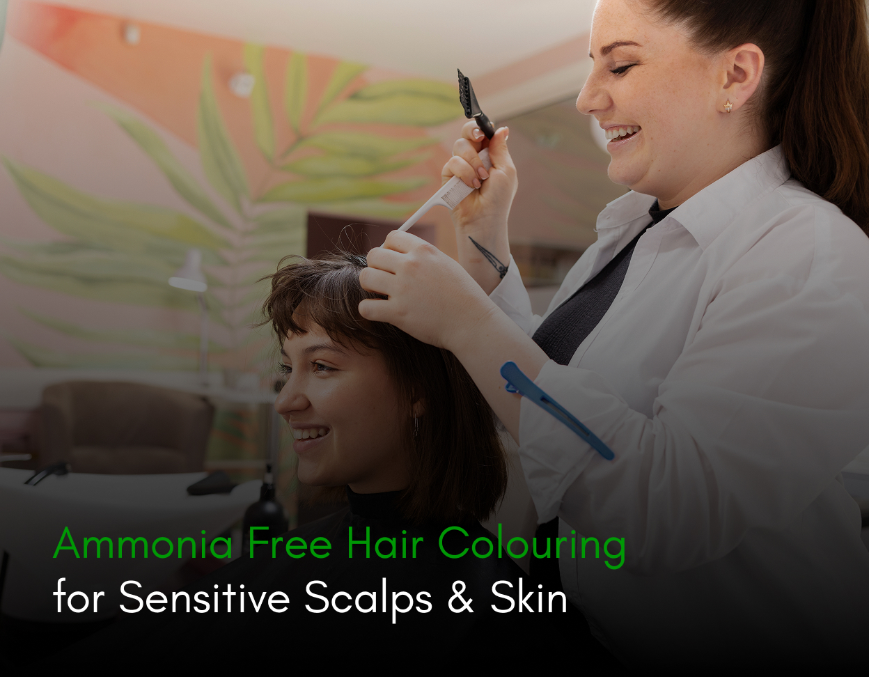 Ammonia Free hair Colouring application by a stylist on a woman with a sensitive scalp.
