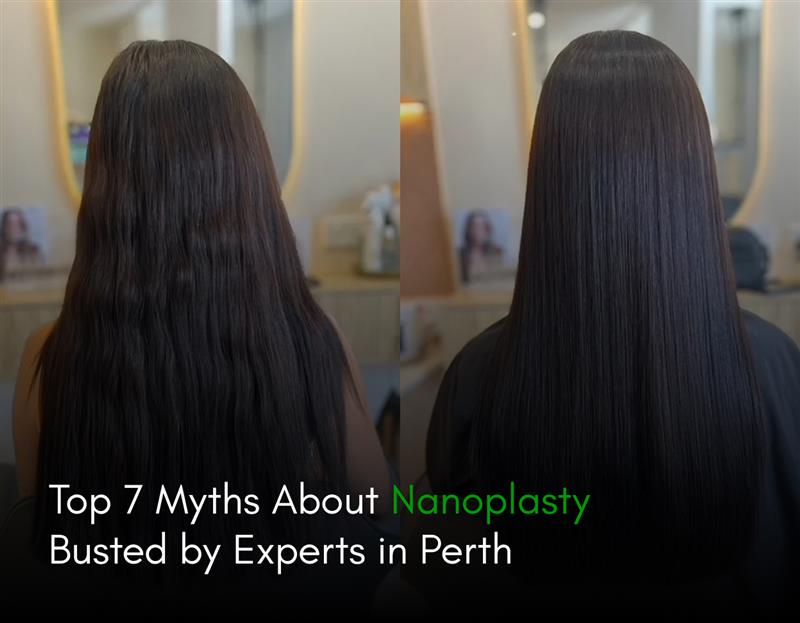 Before and after results of a nanoplasty hair treatment showing frizzy hair transformed into smooth and straight hair in a salon in Perth.